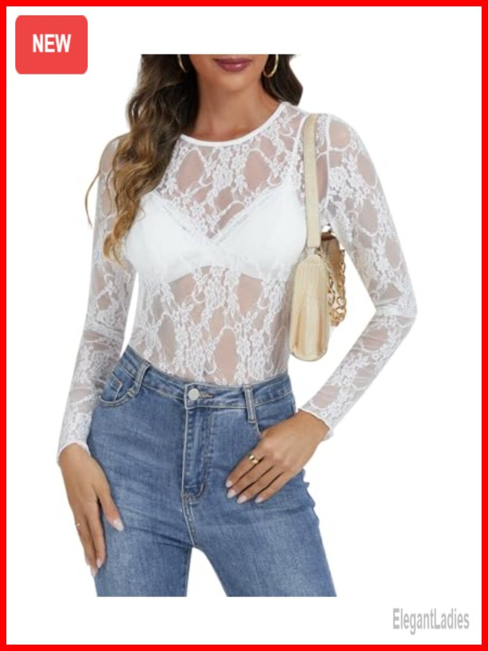 Lace Sheer Long Sleeve Top Women Mesh Floral See Through Undershirt Crew Neck